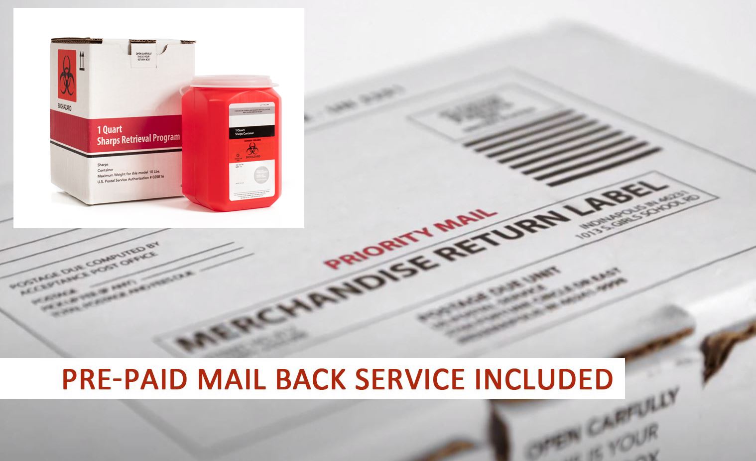 Mail Back Inhaler Container Secure Needle Disposal Replacement Container with pre-paid mail back ...