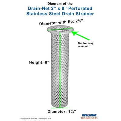 Perforated Stainless Steel 2&quot; Drain Strainer (8&quot; long) 